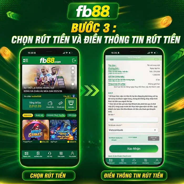 Chọn rút tiền, nhập số tiền và chọn tài khoản ngân hàng nhận