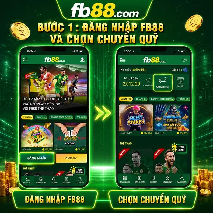 Đăng nhập tài khoản và chọn mục chuyển quỹ trên FB88