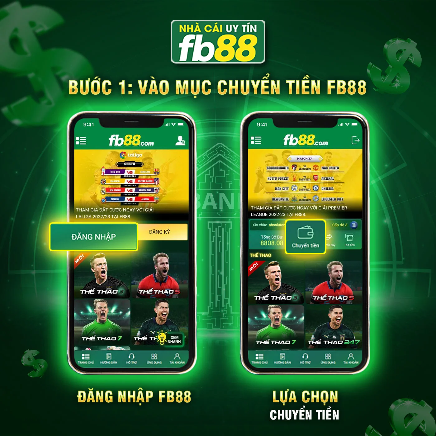Đăng nhập tài khoản và chọn mục chuyển tiền trên FB88
