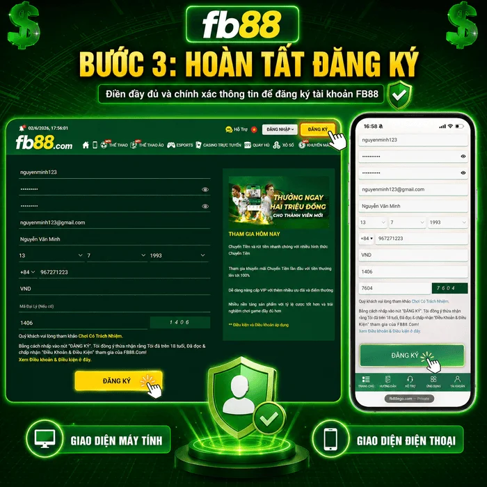 Nhấn nút đăng ký để tạo tài khoản FB88 thành công