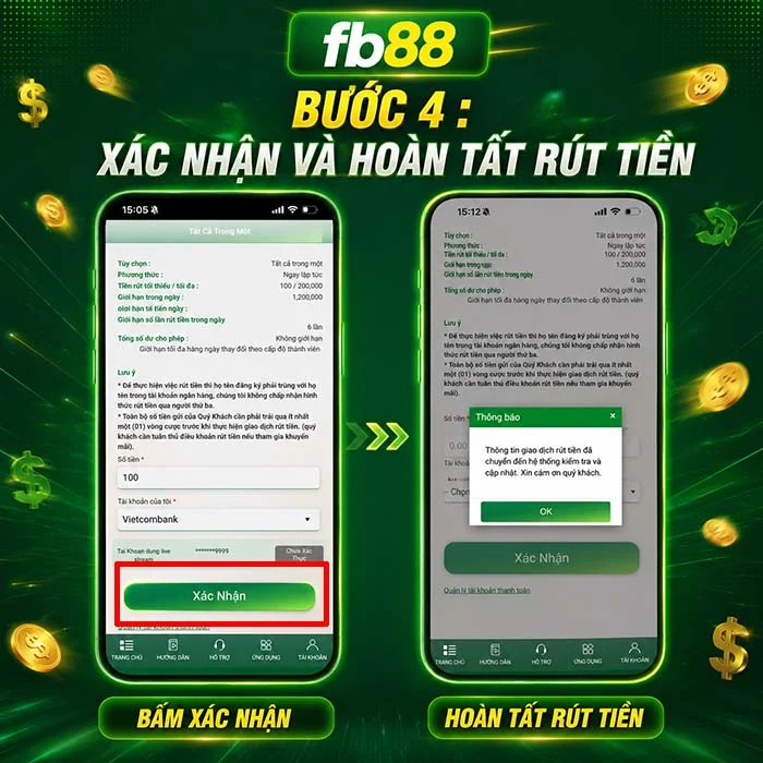 Xác nhận lệnh rút và kiểm tra trạng thái trong lịch sử giao dịch